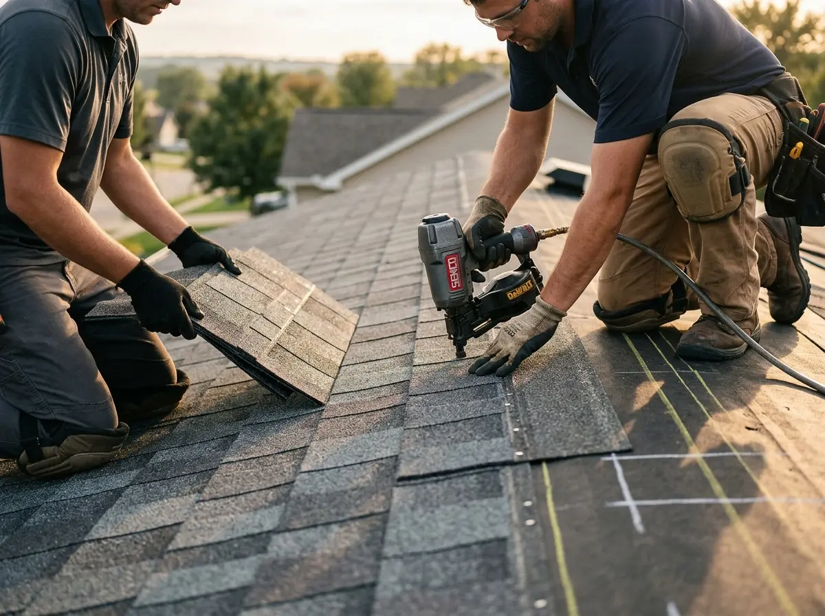 Professional roofer working on a residential roof in Poplar Grove